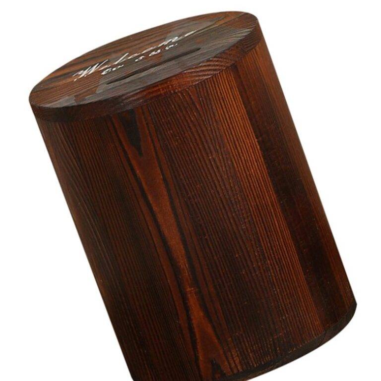 Tirelire en bois cylindrique marron foncé Tirelire en bois